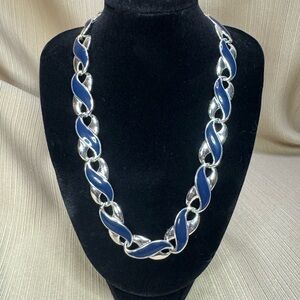 Vintage Napier Shiney Silver Tone Blue Enamel Infinity Wide Necklace 16" Long.